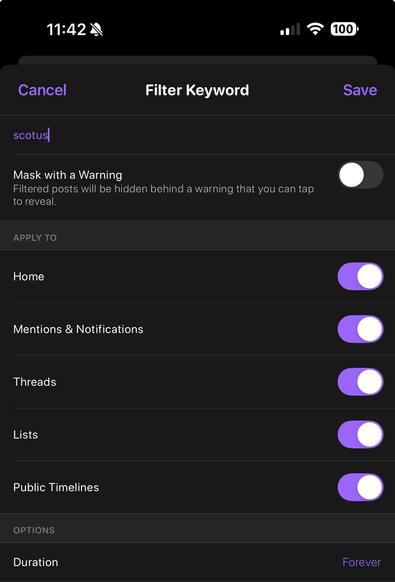 Screencap of settings screen showing that I’m adding “scotus” to my list of muted words