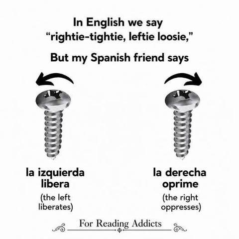 Pic of screw bein screwed in/out.
Text: In English we say "rightie-tightie, leftie loosie"
But my spanish friend says
la izquierda libera (the left liberates)
la derecha oprime (the right oppresses)