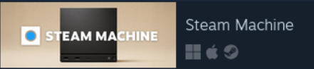 A bit of the steam store entry for the STEAM machine showing a tan photo area with the black cube steam machine. To the side it says Steam Machine, and lists the steam OS compatibility icons for windows, Mac, and Linux (SteamOS)
