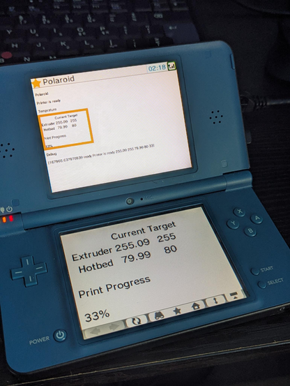 A photo of my DSi using its web-browser to monitor the print progress and temperature of my current Print