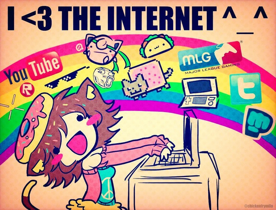 An image example of "meme maximalist". It is an image that says "I love the internet" with tacos, nyancat, old youtube, cool glasses, tumblr, etc.