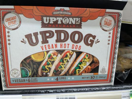 A box whose label reads: Upton's Updog, vegan hot dog.