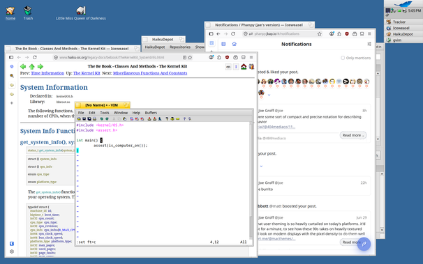 screenshot of a Haiku desktop with some Firefox windows, and in the foreground, a Vim window with a simple C program using the haiku `is_computer_on` API