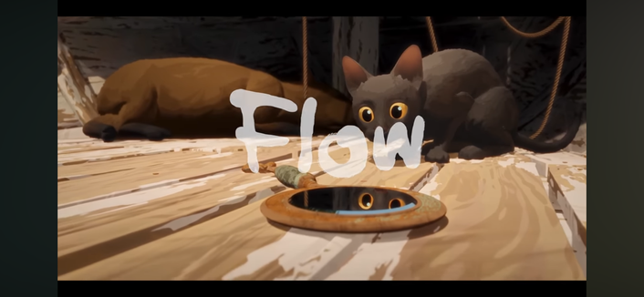 The black cat from the animated film Flow. With the title super imposed over the image. This is from the scene where the cat is on a boat peering at a hand mirror lying on the deck.