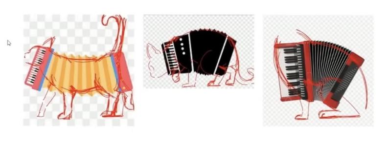 Several illustrations of Accordions superimposed over cats showing how cat’s torso’s squeeze in and out. Taken from a digital presentation given to other artists within the video.
