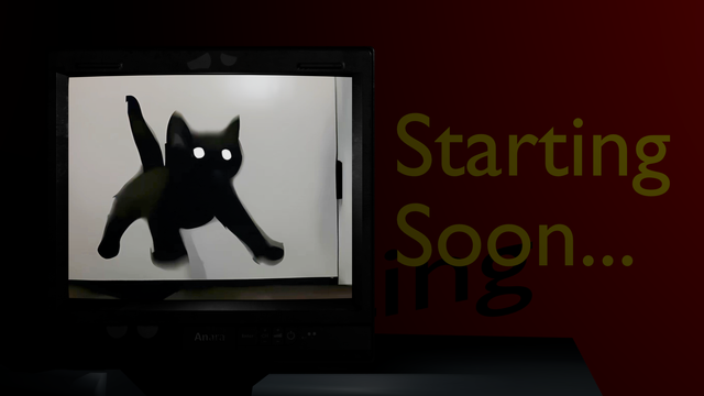 An image of the funny black cat jumping on a CRT TV screen with the text "Starting Soon..." next to it.