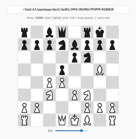 A chessboard in "Queen's gambit declined" formation, with above it a character sequence that represents it