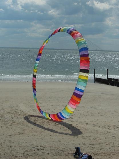 Zu sehen ist ein Flugdrachen in Kreisform. Er besteht aus unzählig vielen bunten Stoffstreifen. Der Flugdrache ist voll im Wind und berührt den Boden des Sandstrands und wirft dort einen Schatten in Form einer Elypse. Am unteren Bildrand liegt ein Mensch rücklings auf dem Sand und betrachtet den bewölkten Himmel. Am rechten Bildrand ragt eine Buhne in den Bildraum hinein.