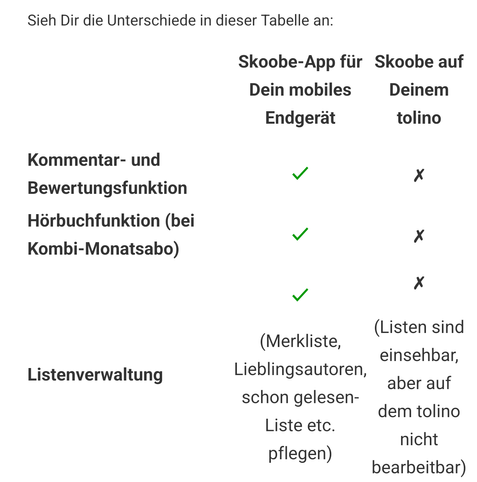 Screenshot einer Featurliste von Skoobe. Skoobe auf dem Tolino hat voele feateres nicht