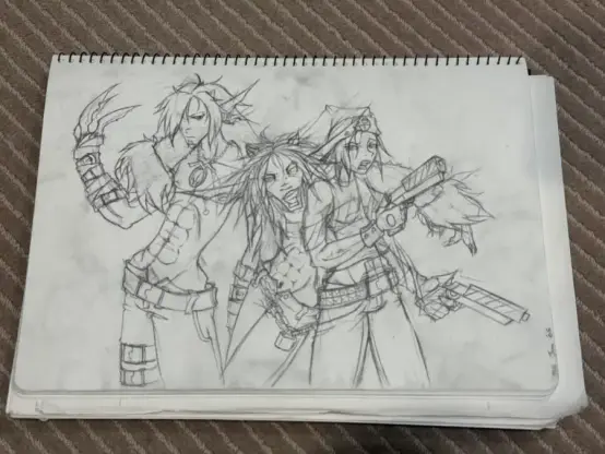 Sketch of three characters; a shirtless dude with big claws (… Joseph? I think???), another scantily dressed dude with big ears and cyberlocks (Lain), and a lady with two guns (Miriah).