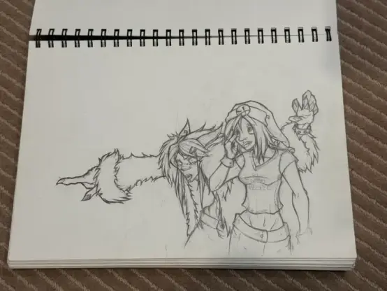 Sketch of a big-earned horned dude in a fuzzy coat (Lain) pointing out something to a facepalming lady (Miriah).