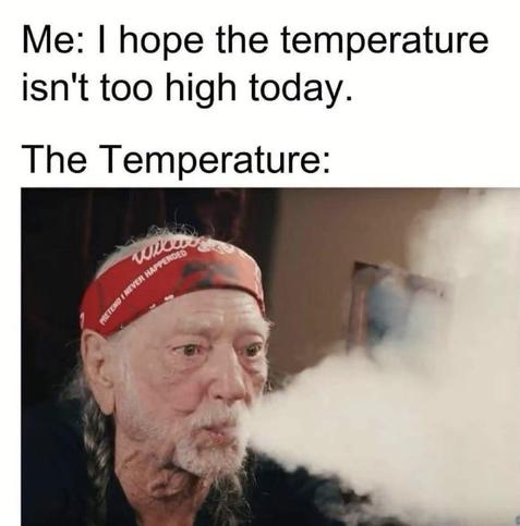 Me: I hope the temperature isn't too high today
The Temperature:
Pic of Willie Nelson, known for smoking weed, smoking weed, exhaling smoke