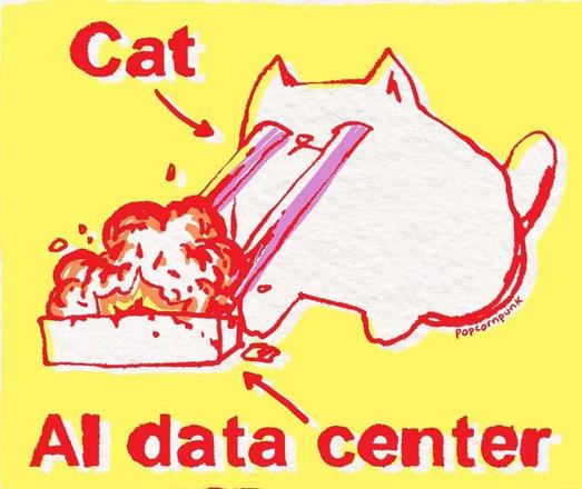 Comic drawing of a giant cat destroying an AI data center with its laser eyes. The cat is about 4x as large. The datacenter is burning.