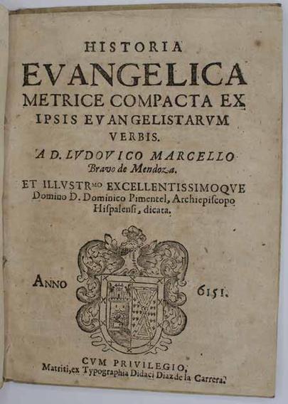 Title page of a book called "Historia evangelica metrice compacta ex ipsis Evangelistarum verbis". The imprint says "Anno 6151" a typo for 1651.