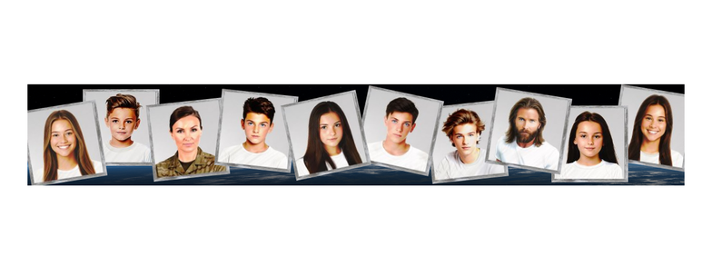 Headshots of ten principle characters set in grey picture frames against a cosmic sky background - one of them is wearing military garb - the other nine have plain white T shirts

copyright © Scott Rochester 2025