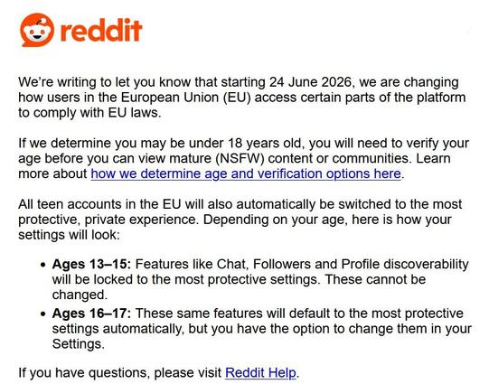 Screengrab from a Reddit email that reads: "We’re writing to let you know that starting 24 June 2026, we are changing how users in the European Union (EU) access certain parts of the platform to comply with EU laws.

If we determine you may be under 18 years old, you will need to verify your age before you can view mature (NSFW) content or communities. Learn more about how we determine age and verification options here.

All teen accounts in the EU will also automatically be switched to the most protective, private experience. Depending on your age, here is how your settings will look:

    Ages 13–15: Features like Chat, Followers and Profile discoverability will be locked to the most protective settings. These cannot be changed.
    Ages 16–17: These same features will default to the most protective settings automatically, but you have the option to change them in your Settings.

If you have questions, please visit Reddit Help. "