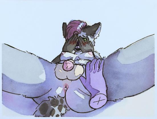 A watercolor sketch of a transgender gray fox girl laying on her back, her hands covering her eyes shyly and blushing lots. A disembodied hand is spreading her legs, showing off her genitals and ass.