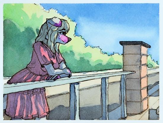 A watercolor sketch of an anthro dog woman in a red dress leaning on a railing and looking off into the distance.