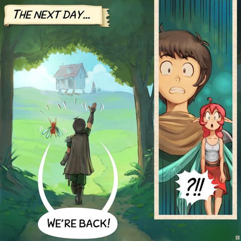 Panel 2. Morning light, the Adventurer and Pink-fairy approach the familiar silhouette of mama House and baby Pagoda at a distance, waving and excited.  
> Narrator: "The next day..."  
> Adventurer & Pink-Fairy: "We're back!"  
* Panel 2B. Close-up on the shocked, wide eyes of the Adventurer and Pink-fairy.  
> Adventurer & Pink-Fairy: "?!!"