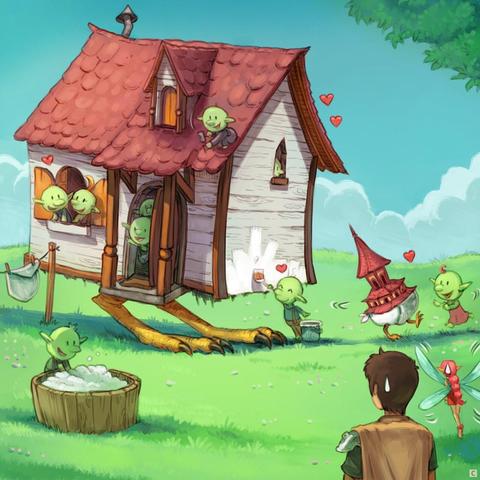 Panel 3. Wide shot: mama House and baby Pagoda are surrounded by a cheerful group of happy cute goblins. They swarm around: one wash and hangs freshly dried diapers on a clothesline, another one play and laugh with the baby creatures. Little hearts float in the air around the one at windows. It's clear the houses found a new family. In the foreground, silhouetted, the Adventurer and Pink-fairy stand frozen (and unnoticed).