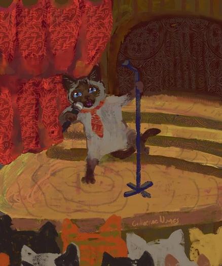 painting of a Siamese cat singing in a school theater with a bow tie