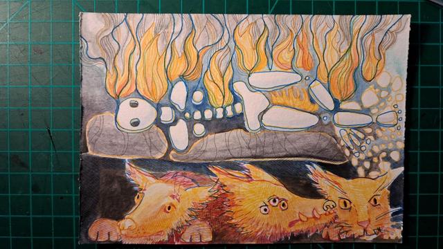 A drawing of a stylised skeleton lying on its side on a bed. It's burning orange flames, and there are three goofy beasts (or one beast with three heads?)under the bed.