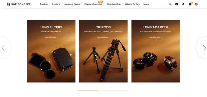 A screenshot of the website's homepage showing categories of the camera gear they sell.