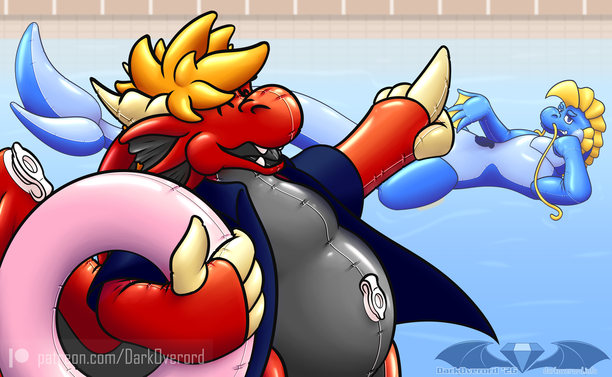 A pool scene involving two inflatable dragon toys The red western dragon toy, DarkOverord, looks excited while pointing to the pool in the background. It has a navy blue shirt on while carrying a pink inflatable ring Floating on the pool is long blue eastern dragon toy, looking cockily as he leans on his left arm and is gesturing to at himself while being partially obscured by DarkOverord.