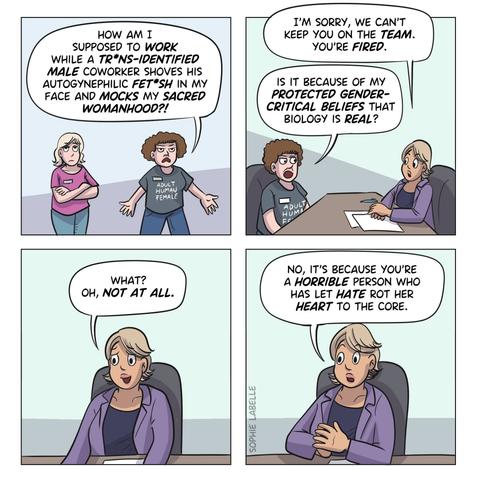4 frame comic. in the first frame, a woman and a TERF are standing side by side, the woman with her arms crossed and the TERF looking upset, with a Adult Human Female shirt. she says : How am I supposed to work while a trans-identified coworker shoves his autogynephilic fetish in my face and mocks my sacred womanhood?! in the second frame, she's in an office, still upset, while a woman with a suit tells her : I'm sorry, we can't keep you on the team. you're fired. the TERF says : is it because of my protected gender critical beliefs that biology is real? the third and fourth frames show the woman in a suit saying : what? oh, not at all. No it's because you're a horrible person who has let hate rot her heart to the core.