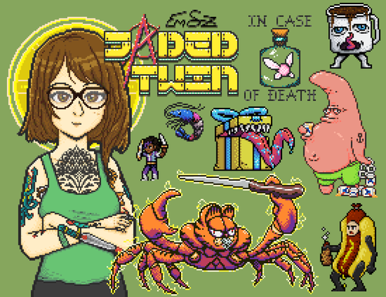 Pixel art portrait of myself with a halo and my username Jaded Twin. Next to me is a collection of various doodles and that I've done. In no particular order: A coffee cup trying to drink it's own contents, a fairy stuck in a bottle with text that reads "In case of death", a drunk Patrick Star carrying a 6 pack of Pabst Blue Ribbon, a christmas gift mimic, a shrimp with trans pride colors, a sprite of Zalia the main character of Enigma Heart swinging her sword, a giant enemy crab-garfield wielding a knife, and a drunk guy in a hot dog costume.