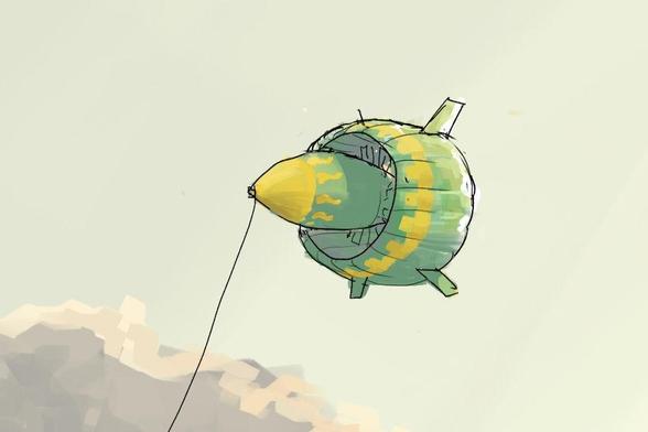 A balloon wind turbine painted in Solarpunk flag colors  - part of a bigger illustration