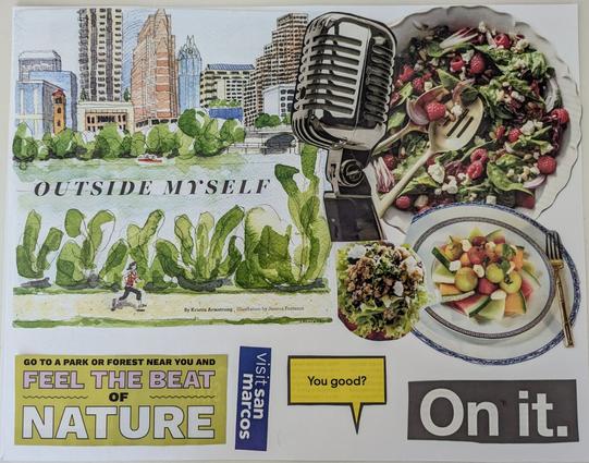A collage featuring healthy food, nature, and travel themes.