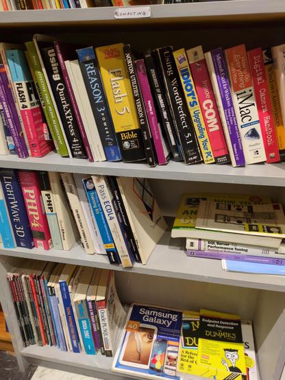 a shelf of the kind of retro computing stuff i collect for the aesthetic

Flash 4, Flash 5, Reason 3, Microsoft COM, PHP4, Advanced PHP, and many other things are visible; it's a well-stocked computing shelf by thrifting standards