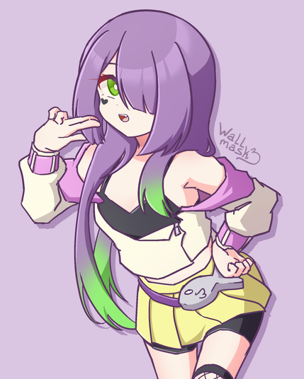 Anime style art of a girl pointing at her own face with her right hand and using two fingers. She has asymmetrical purple hair, the right side being very long and the left sided being medium, ending with a saturated green color, and her left eye being hidden by her long bangs. Her eyes are green and she has a black hear painted below it. She wears a cream color jacket and a black tank top under it, a yellow skirt and a belt with a gray fiish plushie on it. She is my original character Mitsue.