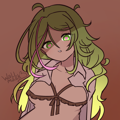 Anime style art of a girl in a shade, with only parts of her multicolored hair and eyes looking brighter, as she looks expressionless at the viewer, with her mouth being just slightly open. The girl is my original character Eliana, she has very long messy green hair, with it ending in a yellow color, and there's two pink colored strikes in her long bangs. She wears a man's oversized shirt over a beige negligee. Her pupils are permanently heart-shaped.