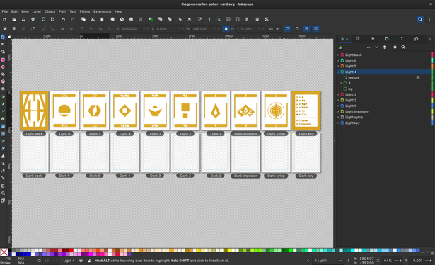 Screenshot of an Inkscape file with 20 card pages (10 each for light and dark), and named layers for each.