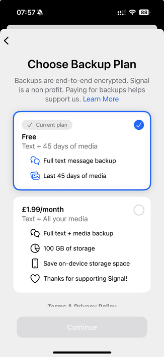 Single screen shot. Choose backup plan.