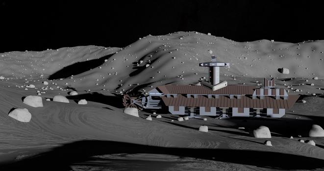 A massive mining machine on the moon has a giant wheel of excavator buckets mounted on the front sits motionless in a lunar valley.  A grey landscape littered with rocks stretches out behind the machine under an inky blackness.