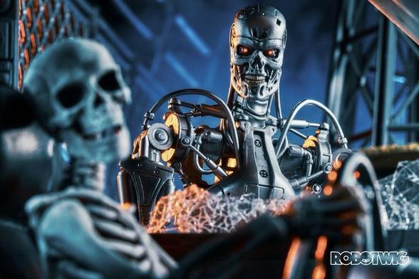 A Terminator (Endoskeleton) looks through a broken vehicle window at a human skeleton behind the wheel