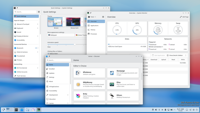 KDE Linux default look, showing the System Settings, Dissover software management, and System Monitor apps.