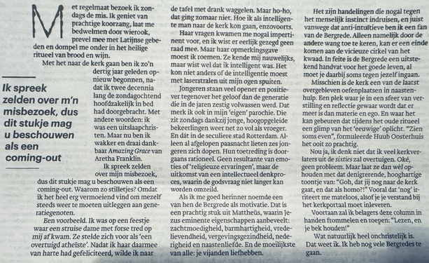 Column achter op dagblad trouw door Willem Pekelder: “Ik was een uitslaapchristen, maar nu ben ik wakker”.