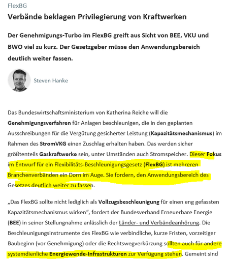 Screenshot mit 2 Absätzen des Background Tsp. Klima+Energie vom 2.7.26 mit der Überschrift: Verbände beklagen Privilegierung von Kraftwerken. Im Text mehrere gelb markierte Sätze.