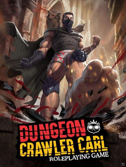 Cover of the Dungeon Crawler Carl roleplaying game, featuring carl in his heart-dotted boxers smashing some poor gerbel while Princess Donut, the cat, is poised on his shoulder.