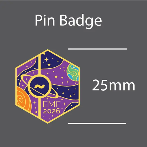 A hexagonal pin badge with the EMF 2026 logo