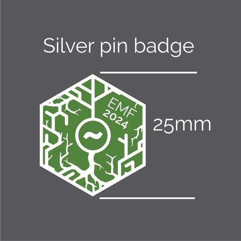 A hexagonal pin badge with the EMF 2024 logo