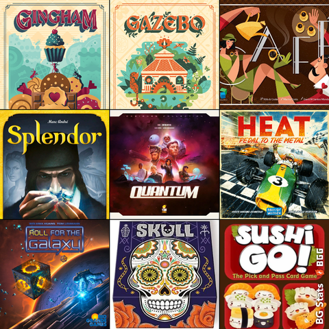 BG Stats 3 x 3.
Gingham;
Gazebo;
Café;
Splendor;
Quantum;
Heat: Pedal to the Metal;
Roll for the Galaxy;
Skull;
Sushi Go!.