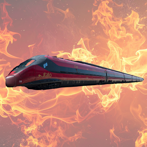 Eine Fotocollage mit einem Foto von einem Italozug, im Hintergrund Flammen.