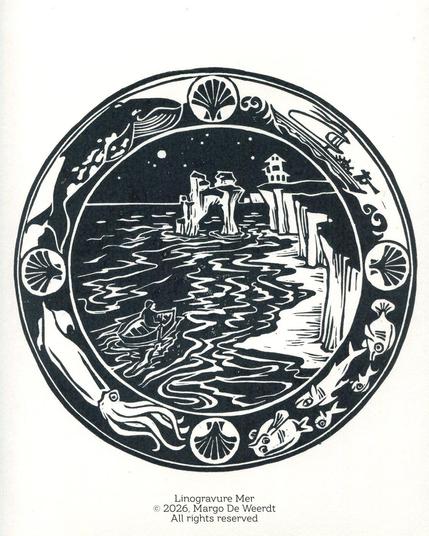 A round linocut print on Steinback paper. It is a round image of the sea coast, with high white cliffs, at night. The moon and stars are shining in the sky, the waves flow towards the beach and there is a small rowing boat going towards the coast. The border around the main image shows from left to right: A whale, a small ship with a captain, a lot of small fish and an squid.