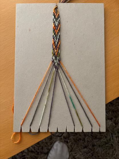 A friendship band loom made out of the back of an old sketchpad
