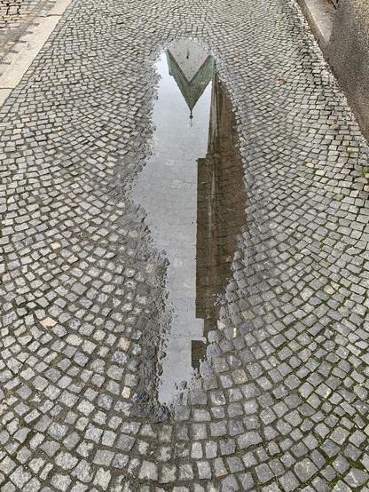long puddle in small, flat, cobblestone sidewalk — in the puddle, a steeple is reflected — this puddle portal is inspired by @1moremin@mastodon.ie
